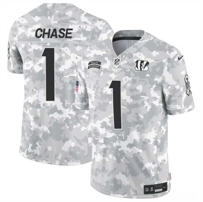 Men%27s Cincinnati Bengals #1 Ja%27Marr Chase 2024 F.U.S.E Arctic Camo Salute To Service Limited Stitched Football Jersey Dzhi